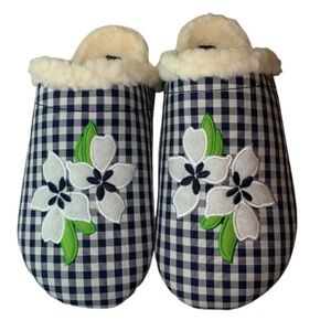 LANDSEND Draper James Womens Scuff Slippers Warm Sherpa Lined Gingham & Clover